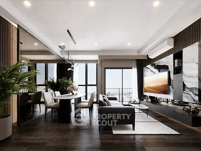 Luxurious modern living room with open layout, elegant dining area, and large windows offering natural light.