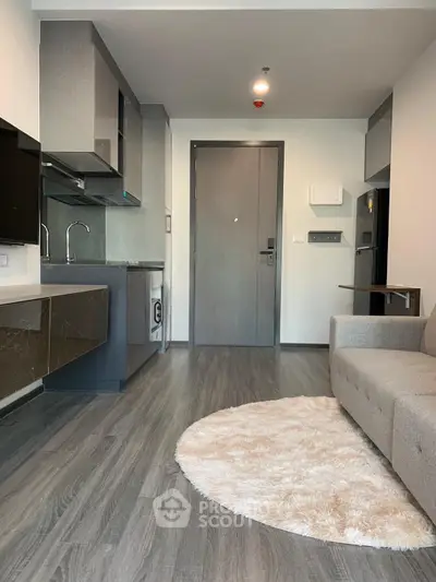 Modern living room with sleek kitchen and cozy sofa in stylish apartment