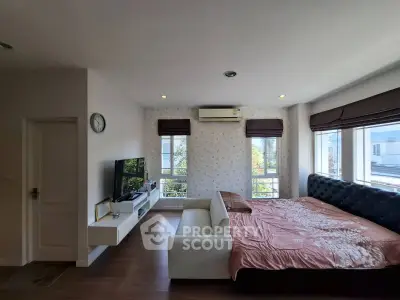 Spacious bedroom with modern decor and natural light