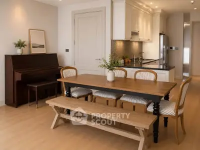Elegant dining area with wooden table, chairs, and piano in modern kitchen setting.