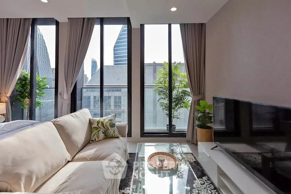 Modern living room with large windows and city view, featuring cozy sofa and stylish decor.