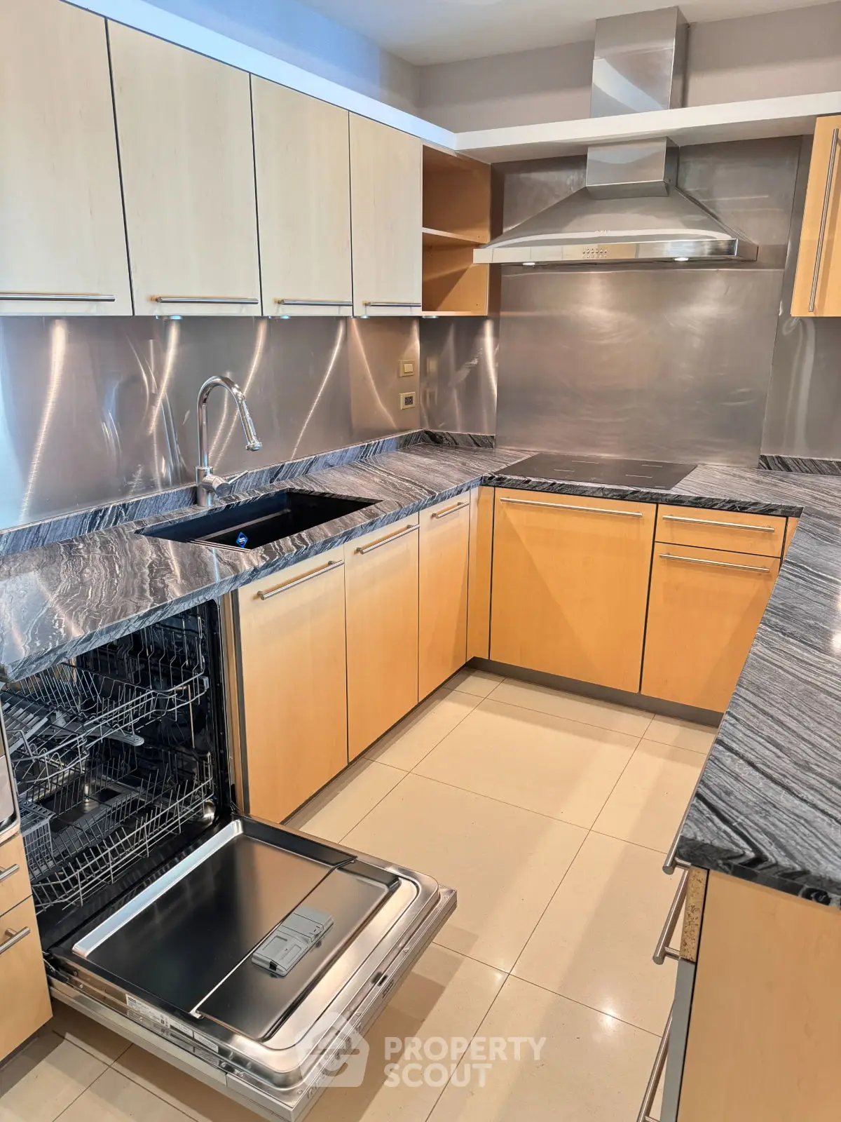 Modern kitchen with sleek cabinetry and built-in dishwasher