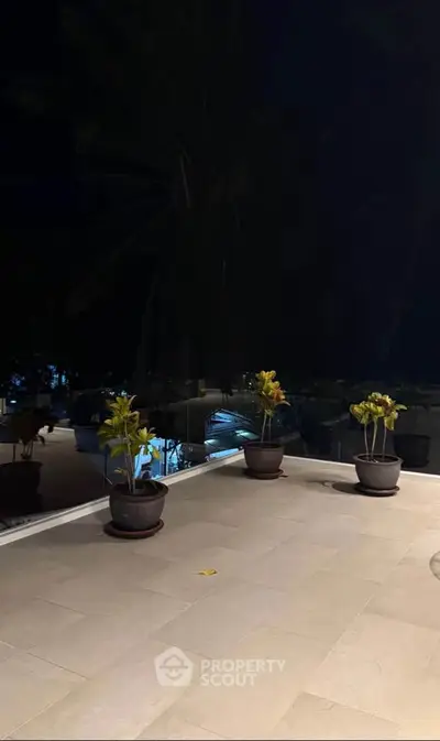 Spacious balcony with potted plants and night view, perfect for relaxation.