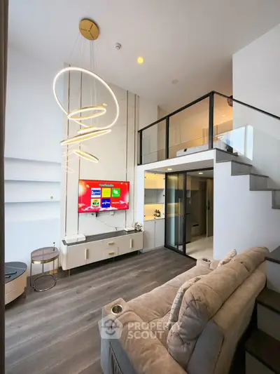 Modern living room with stylish lighting and mezzanine in luxury apartment