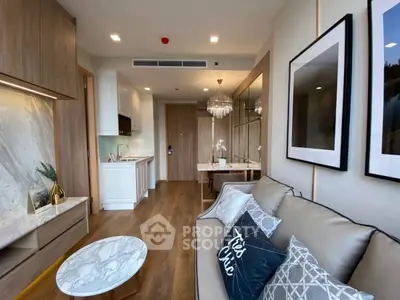 Luxurious modern living room with elegant decor and open kitchen layout