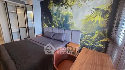 Luxurious bedroom with forest-themed wall mural and modern furnishings