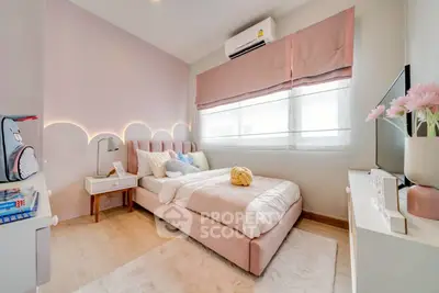 Charming bedroom with pastel decor, cozy bed, and natural light, perfect for relaxation and comfort.