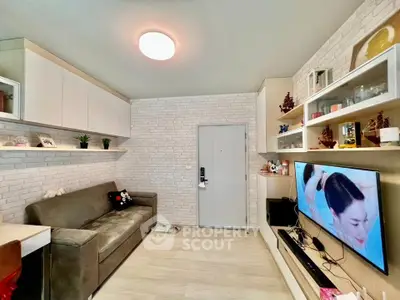 Modern living room with stylish decor and built-in shelving