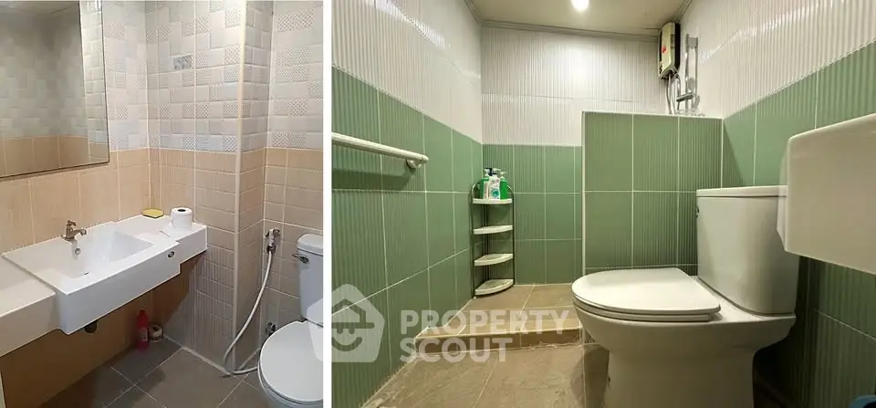 Spacious bathroom with modern fixtures and green-tiled walls.