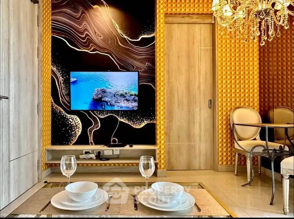 Luxurious living room with modern decor and elegant dining area