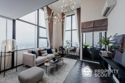 Luxurious modern living room with floor-to-ceiling windows and stunning city view.