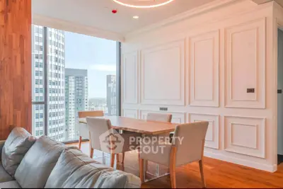 Modern living room with elegant dining area and panoramic city view.