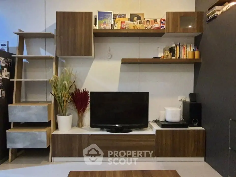 Modern living room with stylish wooden shelves and entertainment center