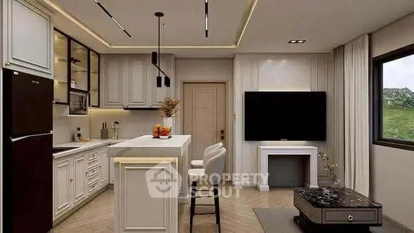 Modern kitchen with sleek design and open layout, featuring a breakfast bar and stylish lighting.