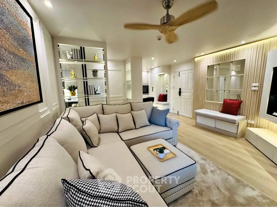 Luxurious living room with elegant decor and spacious seating area