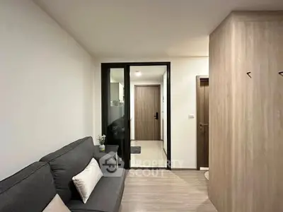 Modern apartment interior with cozy living area and stylish wooden accents