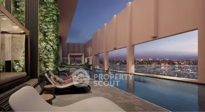Luxurious rooftop pool with stunning city views and modern lounge chairs.