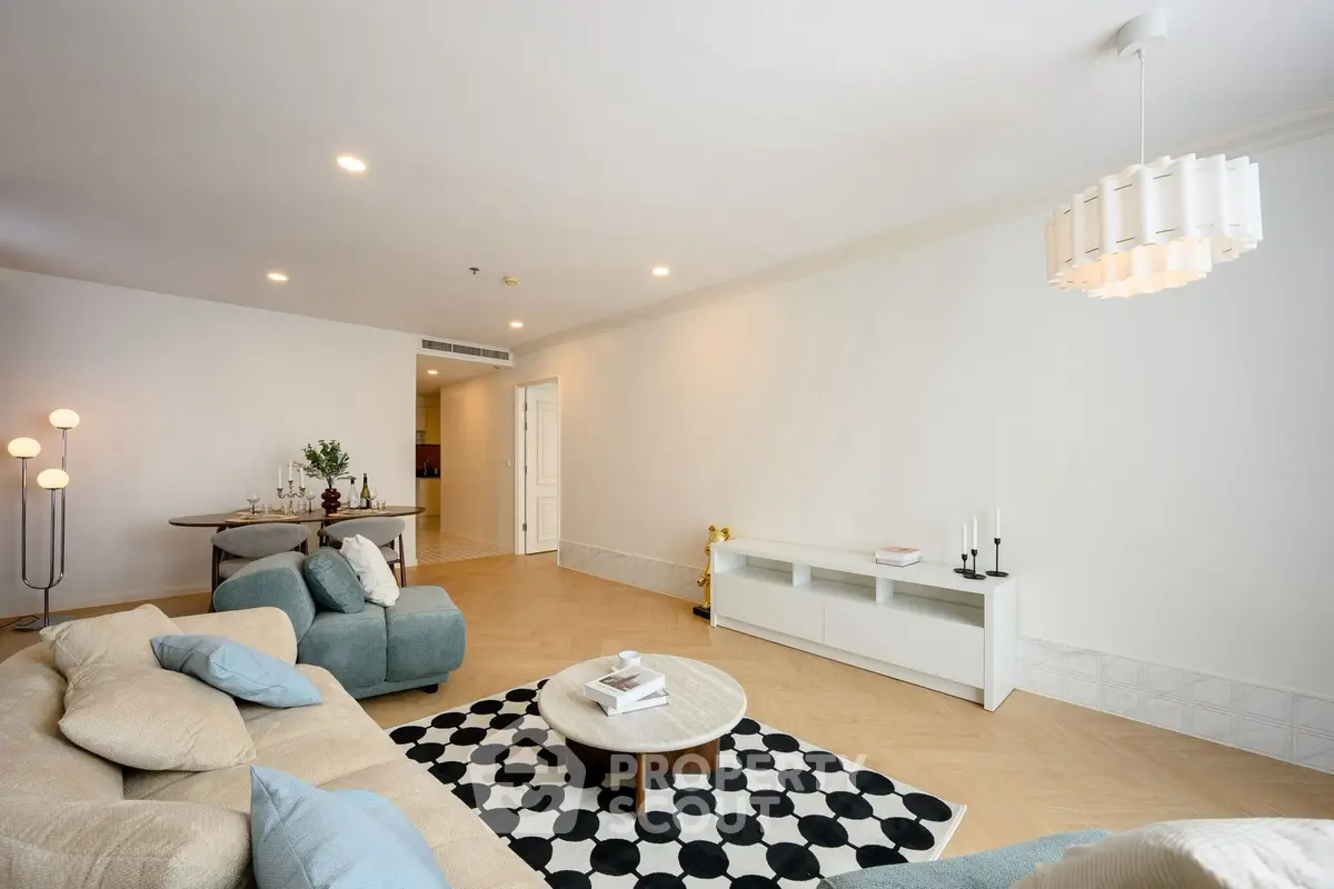 Spacious modern living room with stylish decor and cozy seating area