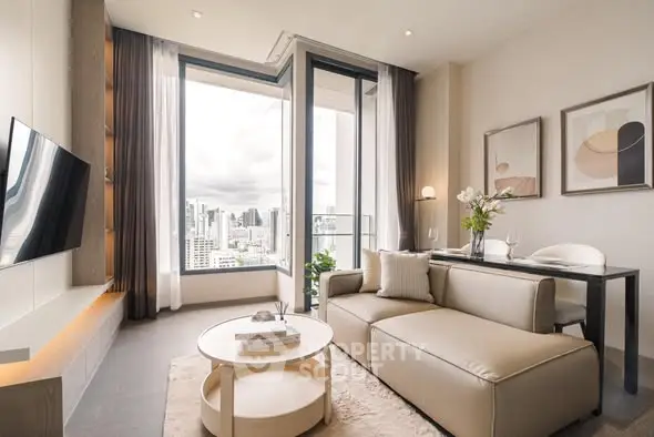 Luxurious modern living room with stunning city view and elegant decor