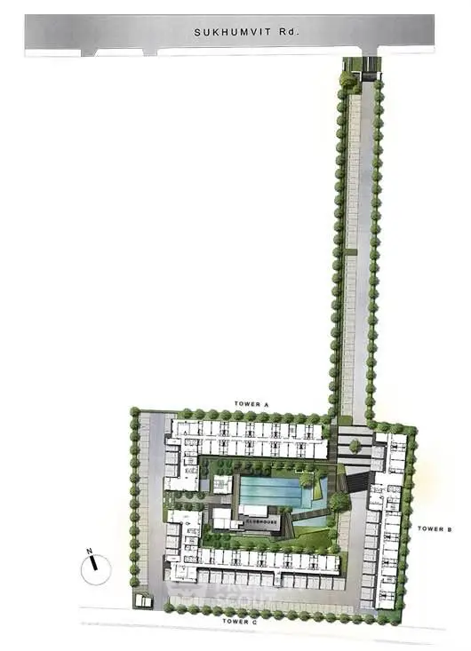 Schematic layout of modern residential complex near Sukhumvit Road with green spaces and pool.