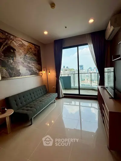 Modern living room with city view and stylish decor