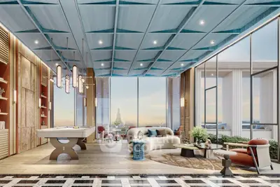 Luxurious modern living room with panoramic city view and stylish decor