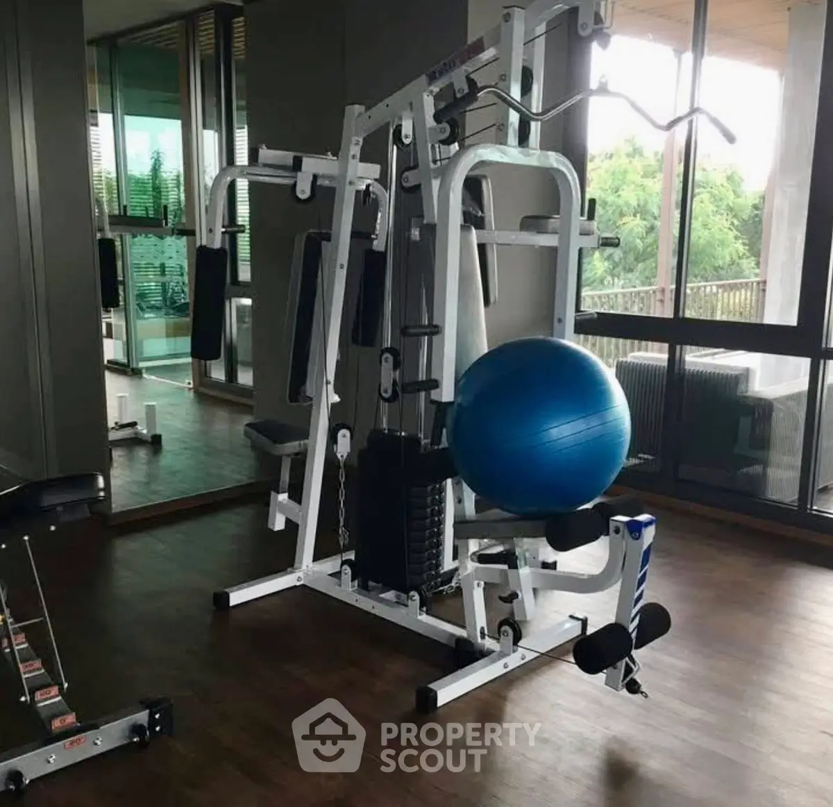 Modern gym with state-of-the-art equipment and scenic outdoor view.