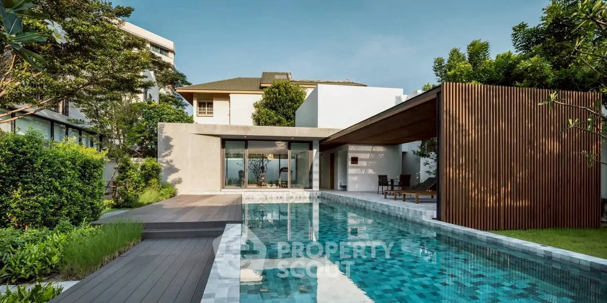 Luxurious modern home with sleek pool and lush garden, perfect for relaxation and entertainment.
