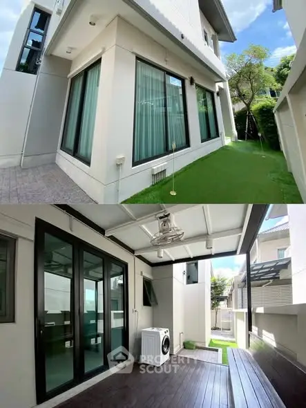 Modern home exterior with lush garden and stylish patio area