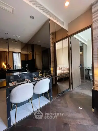 Luxurious modern apartment interior with open kitchen and elegant dining area