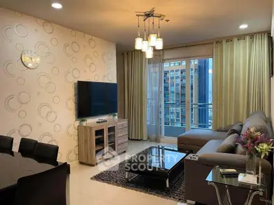 Modern living room with elegant decor and city view balcony