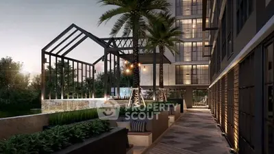 Luxurious modern building exterior with elegant garden and stylish lighting