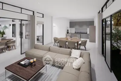 Spacious modern living room with open kitchen and dining area, featuring sleek furniture and large windows.