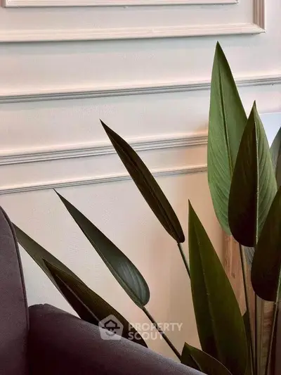 Elegant interior design with lush green plant and stylish wall paneling.