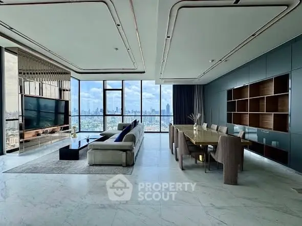 Luxurious modern living room with panoramic city view and elegant dining area.