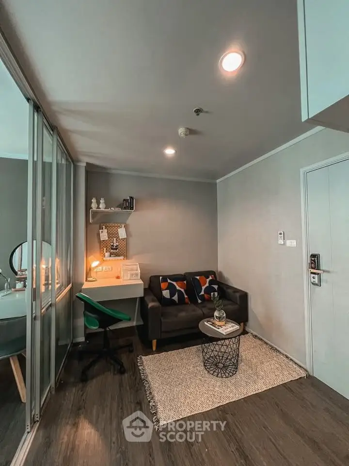 Modern living room with cozy sofa and stylish decor