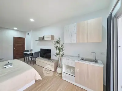 Modern studio apartment with open kitchen and cozy living area, featuring sleek furniture and natural light.