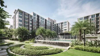 Modern apartment complex with lush landscaping and pool area, ideal for urban living.