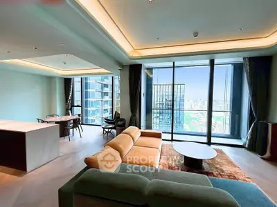 Luxurious modern living room with stunning city view and open layout