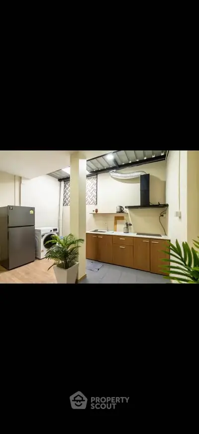 Modern kitchen with appliances and sleek cabinetry in a cozy setting.