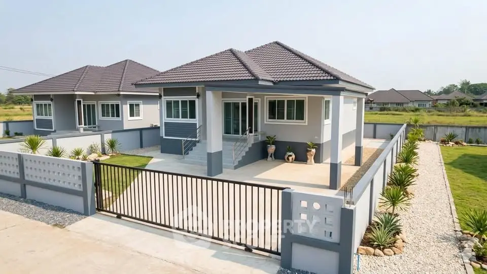 Modern single-story house with landscaped garden and spacious driveway in a serene neighborhood.