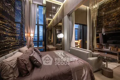 Luxurious bedroom with modern decor and stunning city view