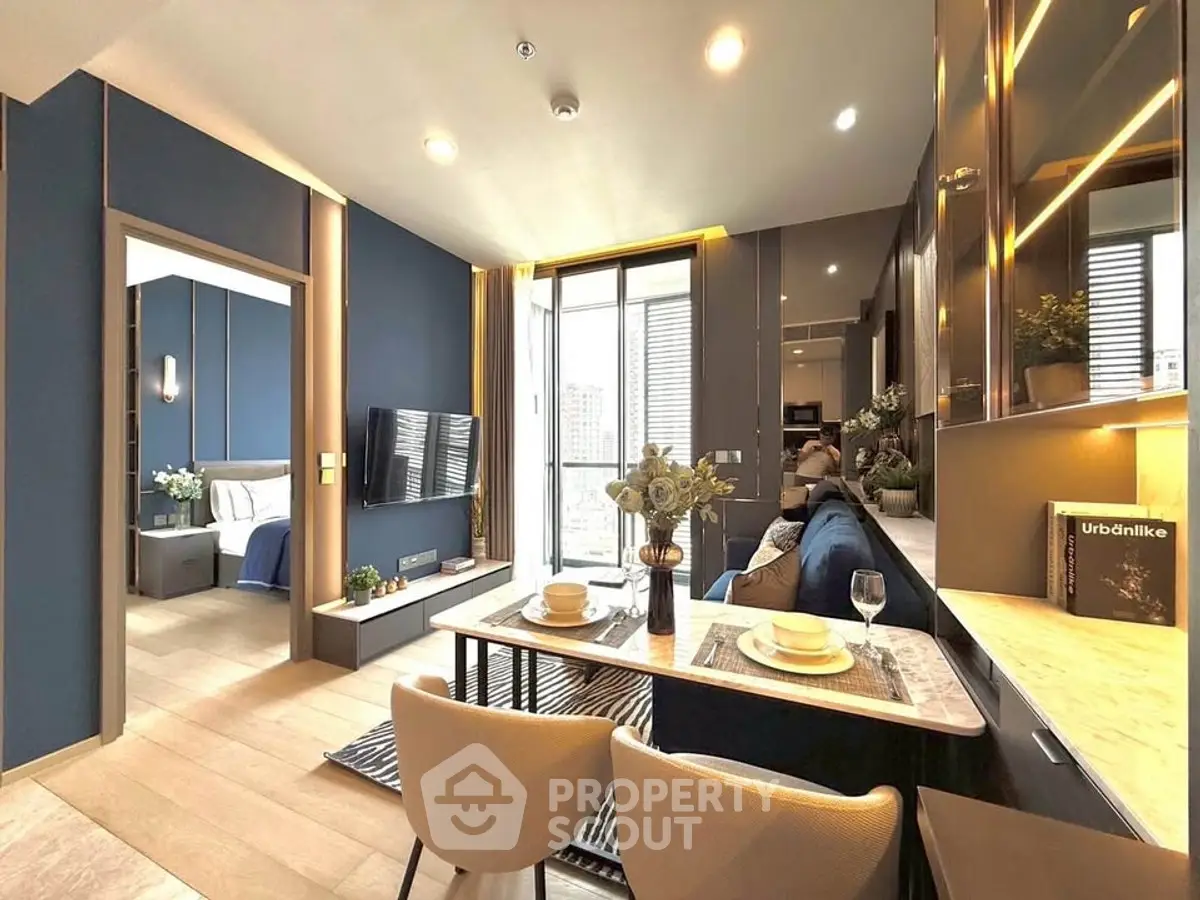 Modern open-plan living room with stylish decor and natural light