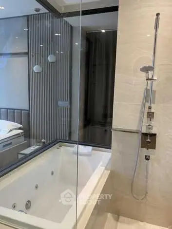 Luxurious bathroom with modern bathtub and sleek shower design