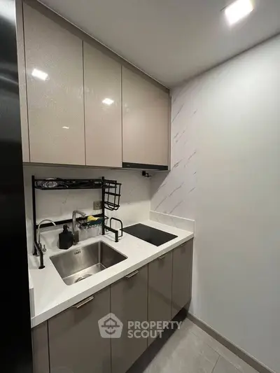 Modern compact kitchen with sleek cabinetry and induction cooktop