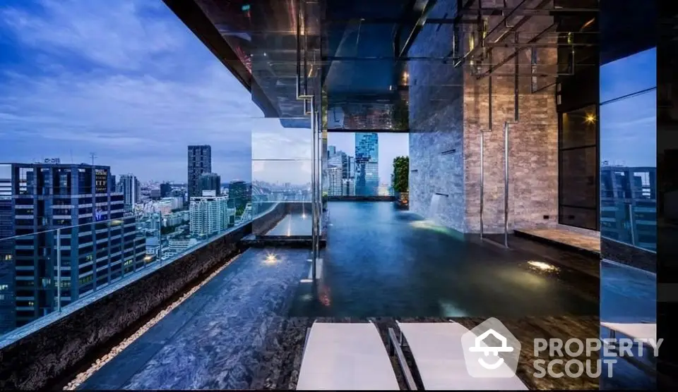 Luxurious rooftop pool with stunning city skyline view at dusk.