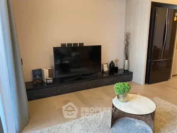 Modern living room with sleek TV setup and stylish decor