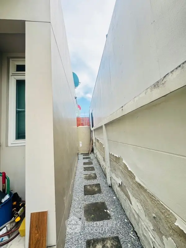 Narrow exterior pathway with modern design and textured walls