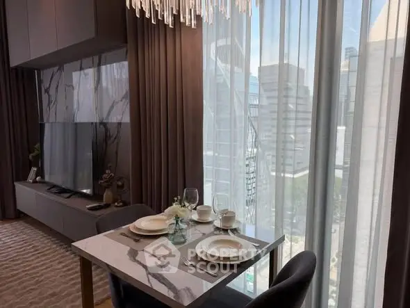 Luxurious modern living room with elegant dining setup and stunning city view through large windows.