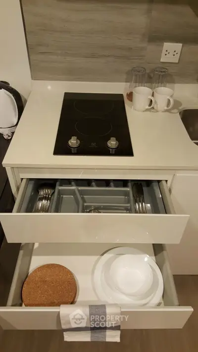 Modern kitchen with sleek induction cooktop and organized drawers in a stylish apartment.